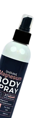 Bottle of magnesium body spray with a black cap.