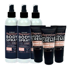 Three body sprays and three muscle creams in black and white packaging.