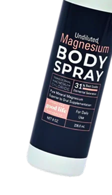 A bottle of undiluted magnesium body spray with product details on the label.