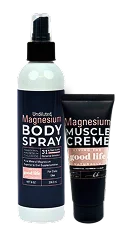 Two bottles of magnesium body spray and muscle creme.