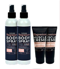 Two body spray bottles and two muscle creme tubes with magnesium labels.