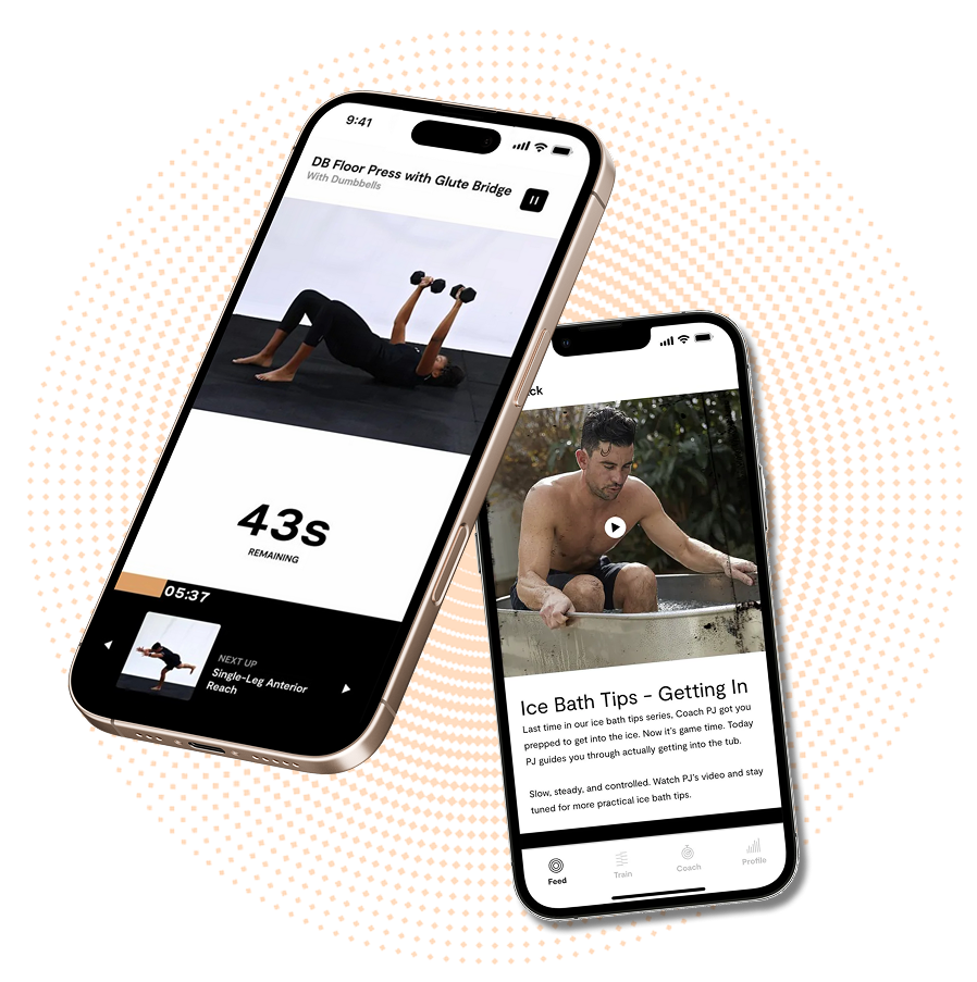 Two smartphones display fitness and ice bath instructional content.