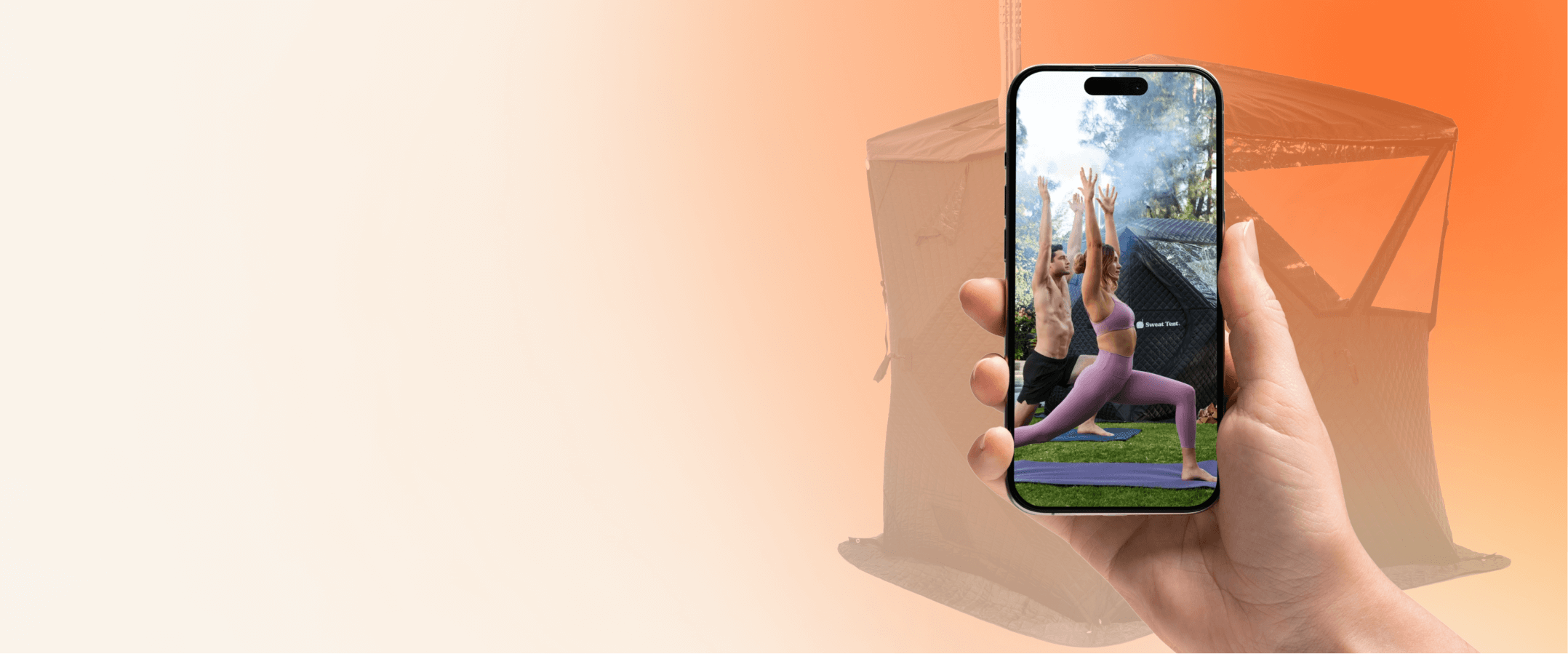 People practicing yoga outdoors on a smartphone screen held by a hand.