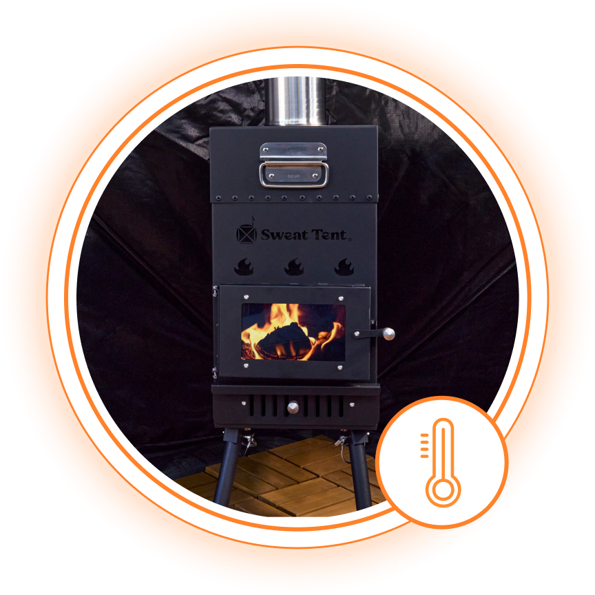 A portable stove with a visible fire inside, surrounded by an orange border.