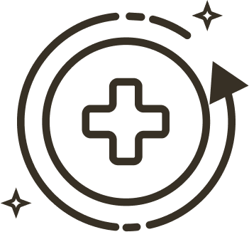 A medical symbol with an arrow and stars encircling.