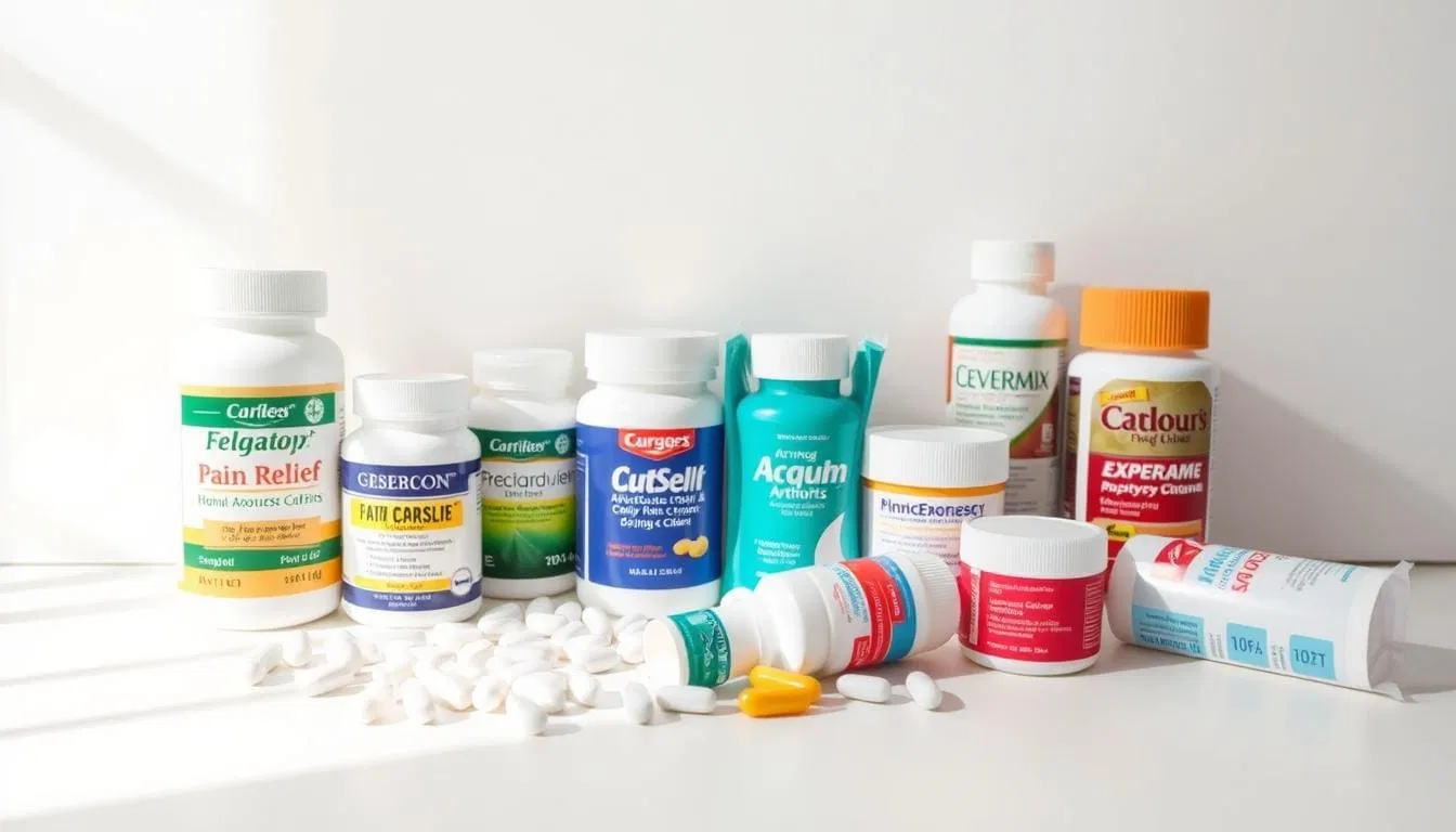 A variety of medication bottles and spilled pills are arranged on a white surface against a white background.