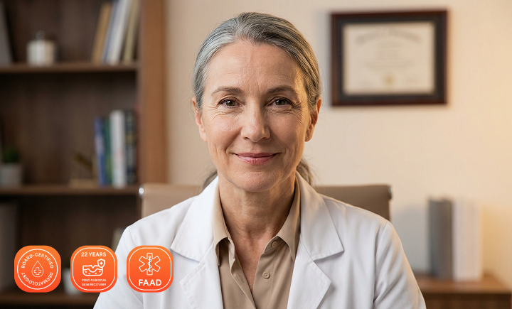 A smiling woman with gray hair in a white lab coat sits in an office with certification badges.
