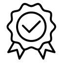 An icon of a ribbon seal with a checkmark in the center.