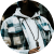A blurry, circular close-up of a person wearing a white hoodie and a plaid shirt.