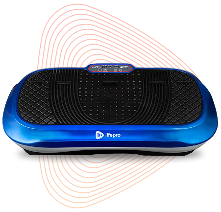 A blue Lifepro vibration plate with a black textured top and digital display on a white background.