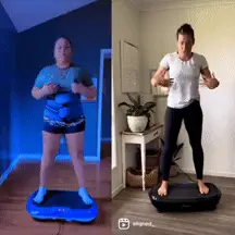 Two people exercising on vibration plates in separate rooms.