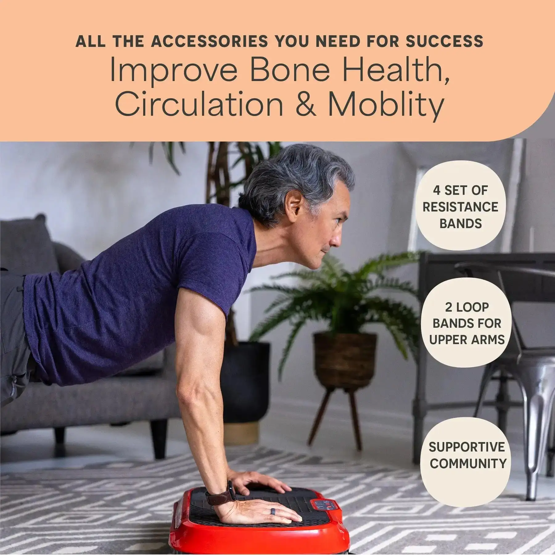 Person doing exercise on a red platform with plants and a chair in the background.