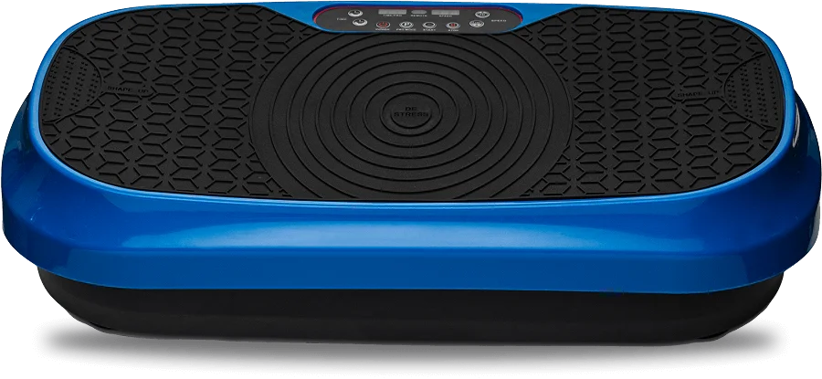 Blue vibration platform with a textured black surface and control buttons.