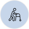 A simple line-drawing icon of a person using a walker, set against a circular, light-blue background.