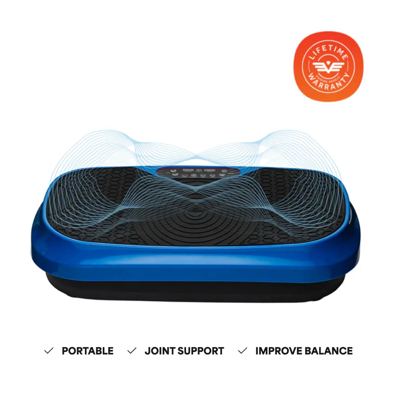 Blue vibrating exercise platform with control panel and lifetime warranty badge.