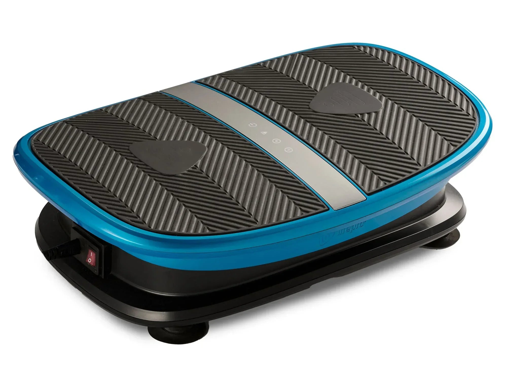 A blue and black vibration plate exercise machine on a white background.