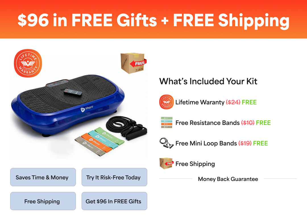 Blue vibration platform with accessories and text advertising free gifts and shipping.