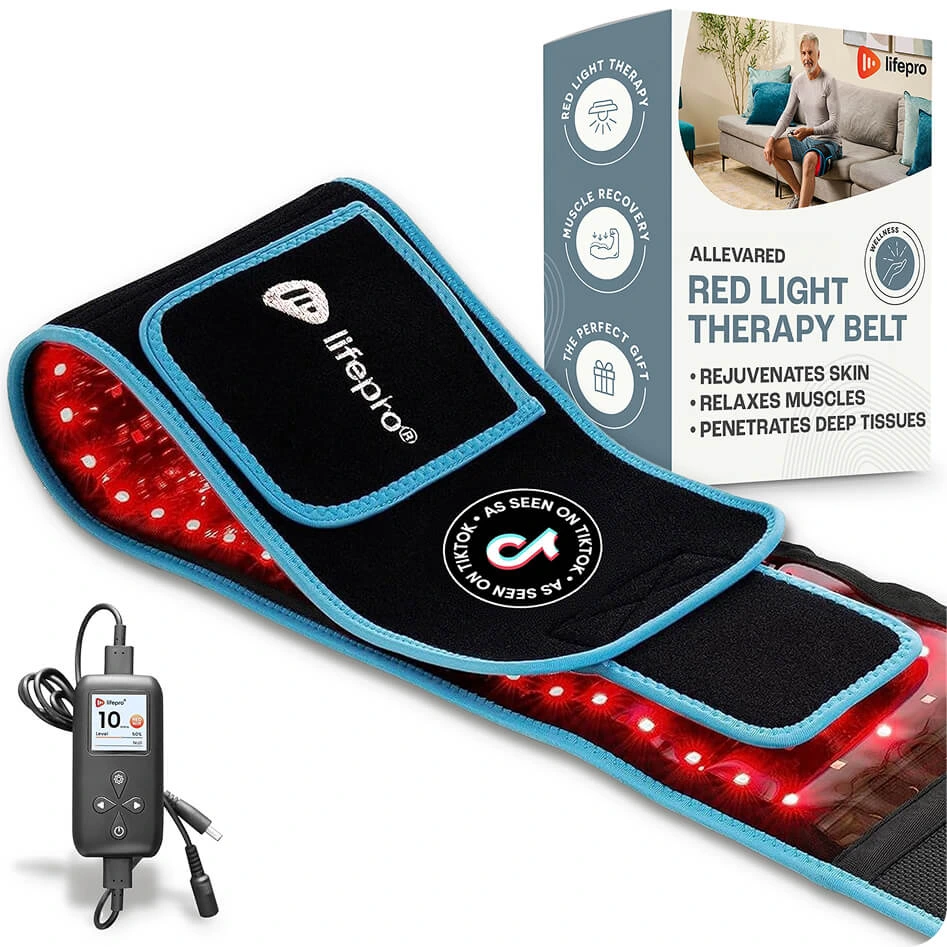 Red light therapy belt with remote control and packaging box.