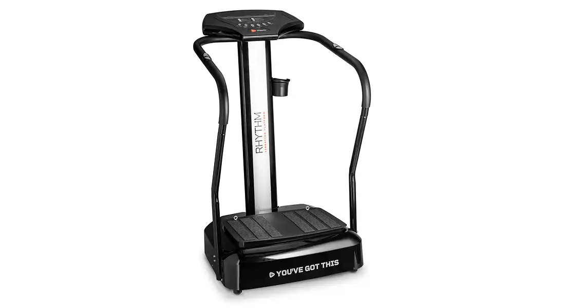 A black Rhythm whole-body vibration platform exercise machine isolated on a white background.