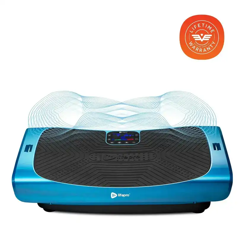 A blue Lifepro vibration plate machine with a digital display, shown on a white background.