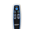 The top half of a white and black remote control with blue outlined buttons on a white background.