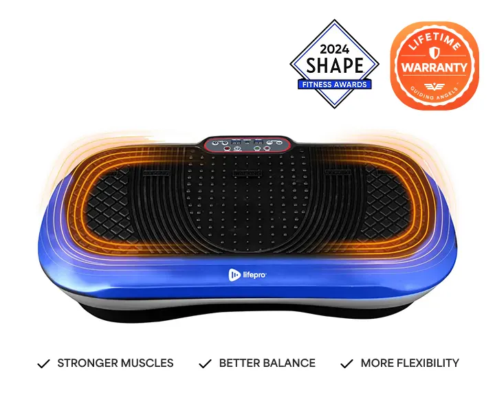 A blue Lifepro vibration plate exercise machine with award logos and a list of fitness benefits.