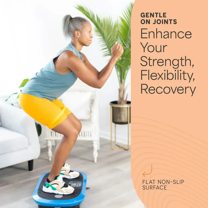 Person doing exercise on a balance board next to text about joint-friendly fitness.