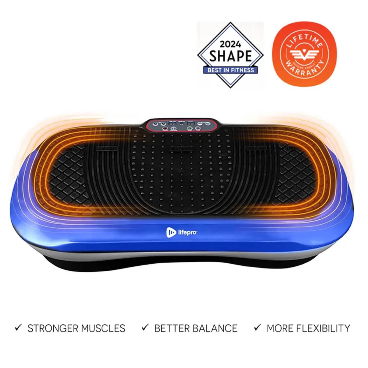 Blue vibration platform with orange accents and control panel, featuring awards and benefits icons.