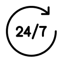 A black line icon of the text '24/7' inside a circular arrow on a green background.