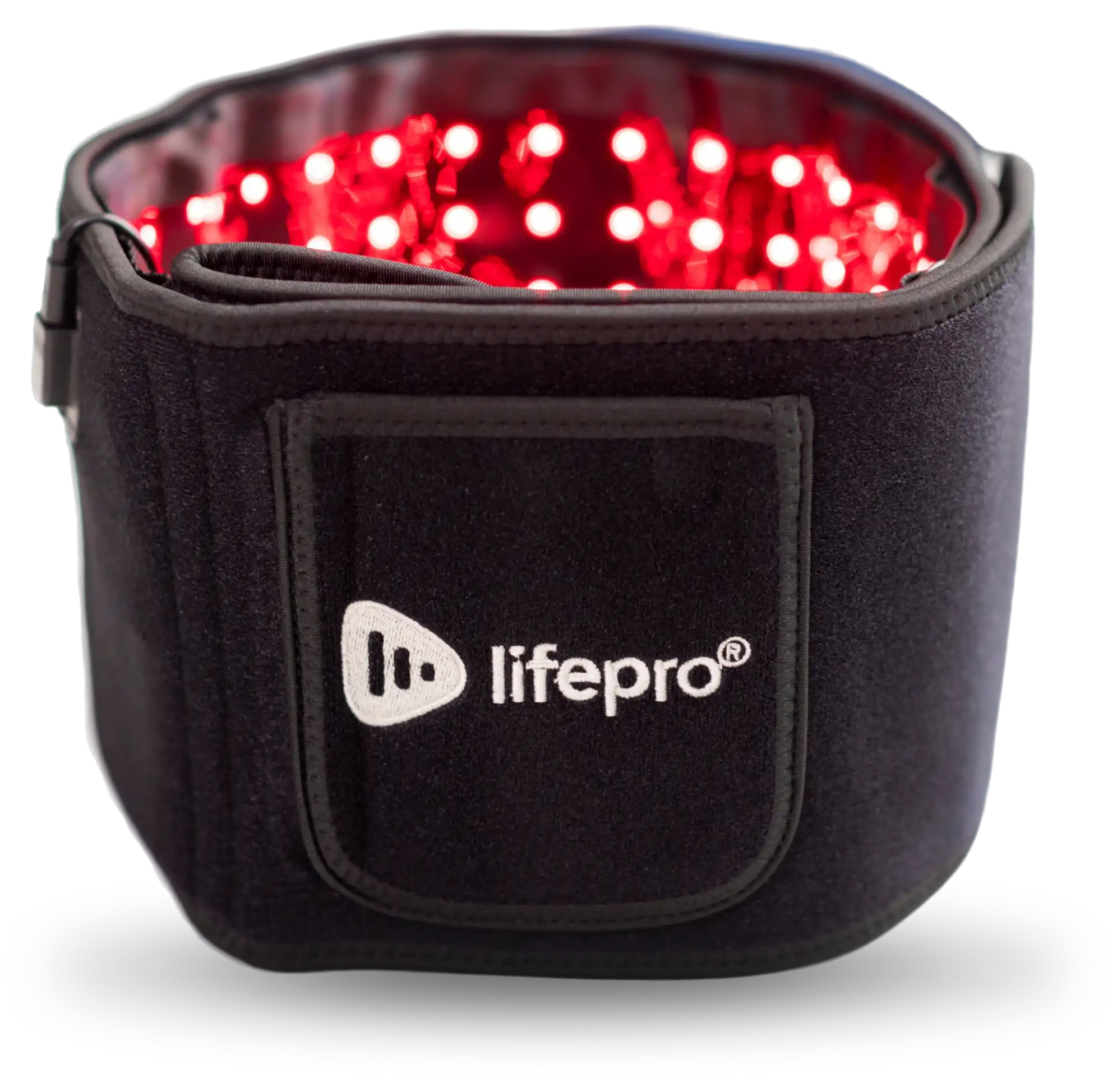 A black Lifepro brand therapy wrap with its interior red LED lights turned on.