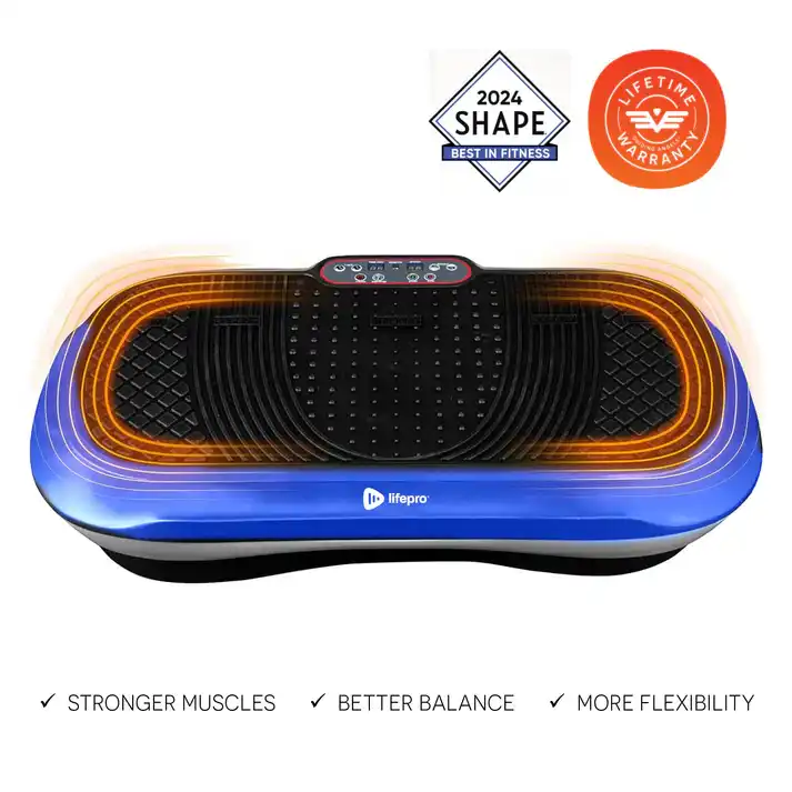 A blue and black Lifepro vibration plate with orange light effects indicating movement, and promotional badges.