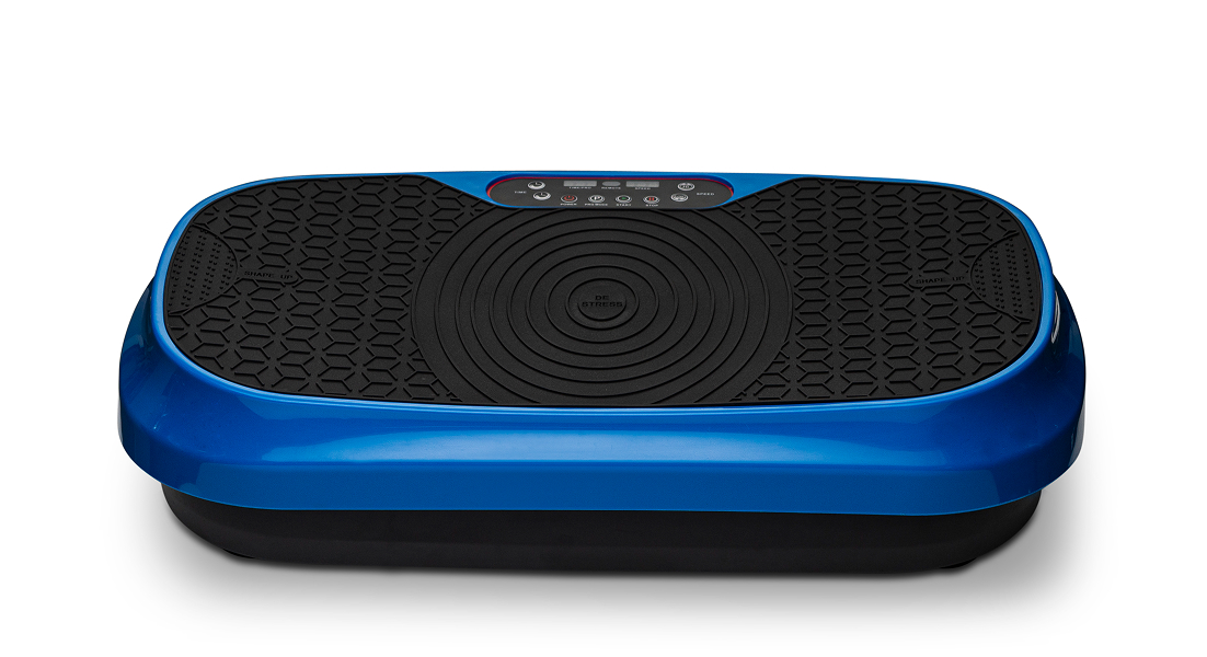 Blue exercise vibration plate with textured black surface and control panel.