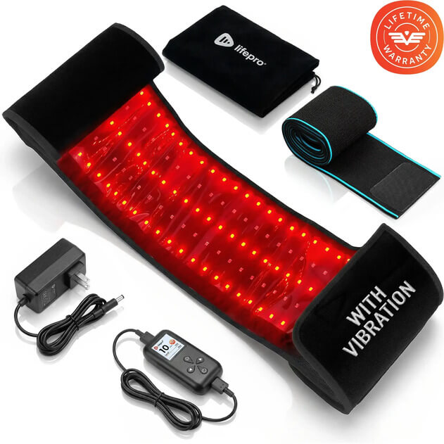 A black red light therapy belt with its accessories, including a power adapter, controller, and carrying pouch.