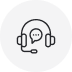 A line art icon of a headset with a microphone and a speech bubble inside.