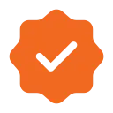 Orange badge with a white checkmark inside.