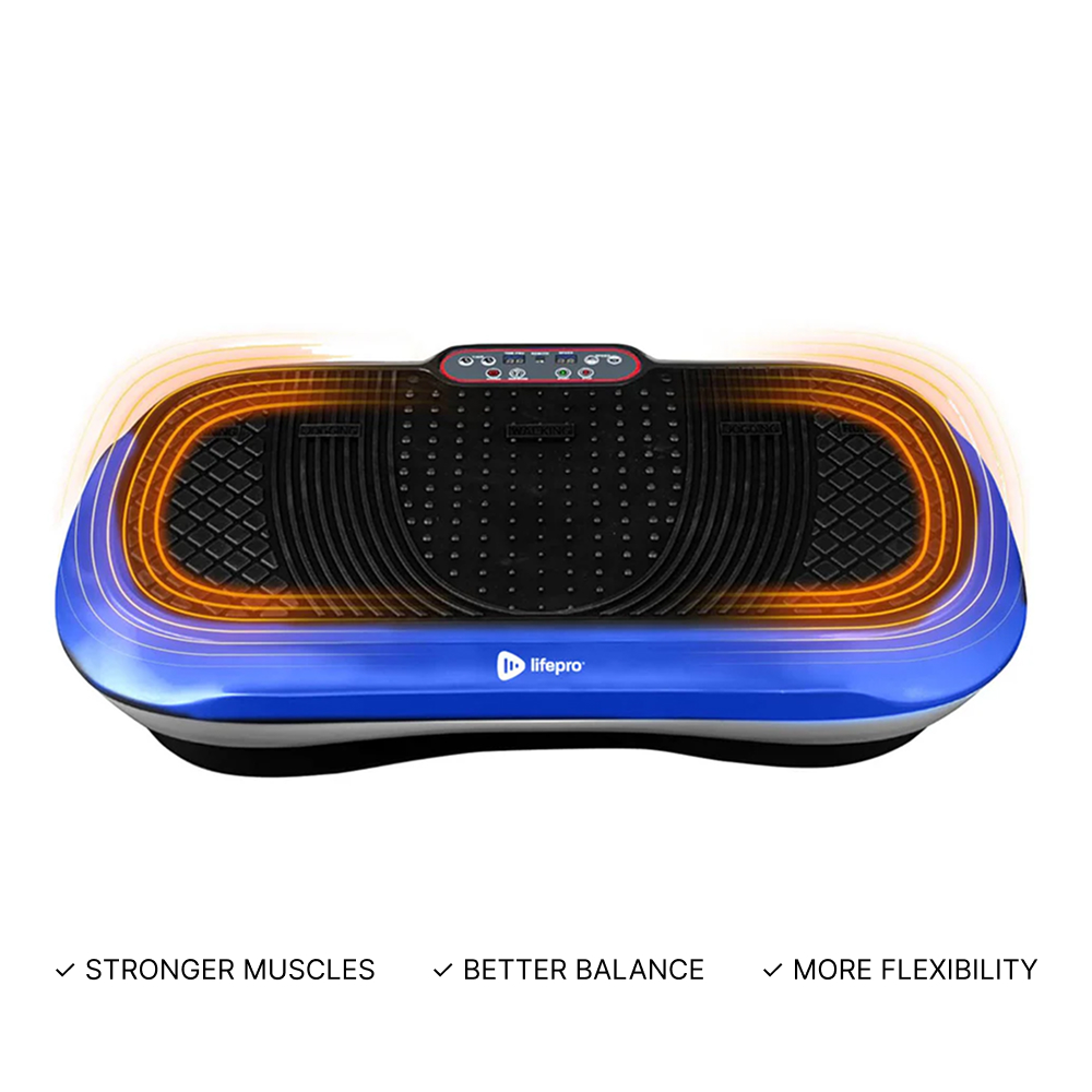 A blue Lifepro vibration plate machine with text below listing benefits like stronger muscles and better balance.