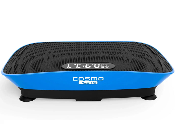 A blue and black Cosmo Plate vibration exercise machine with a digital display, on a white background.