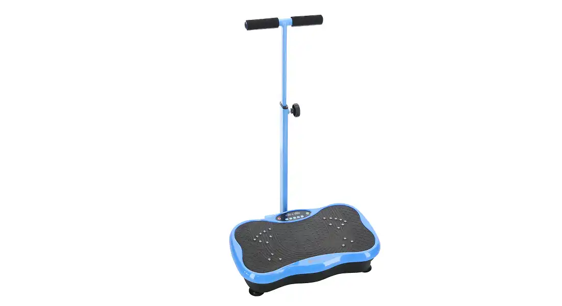 A blue and black whole-body vibration machine with an adjustable handlebar on a white background.