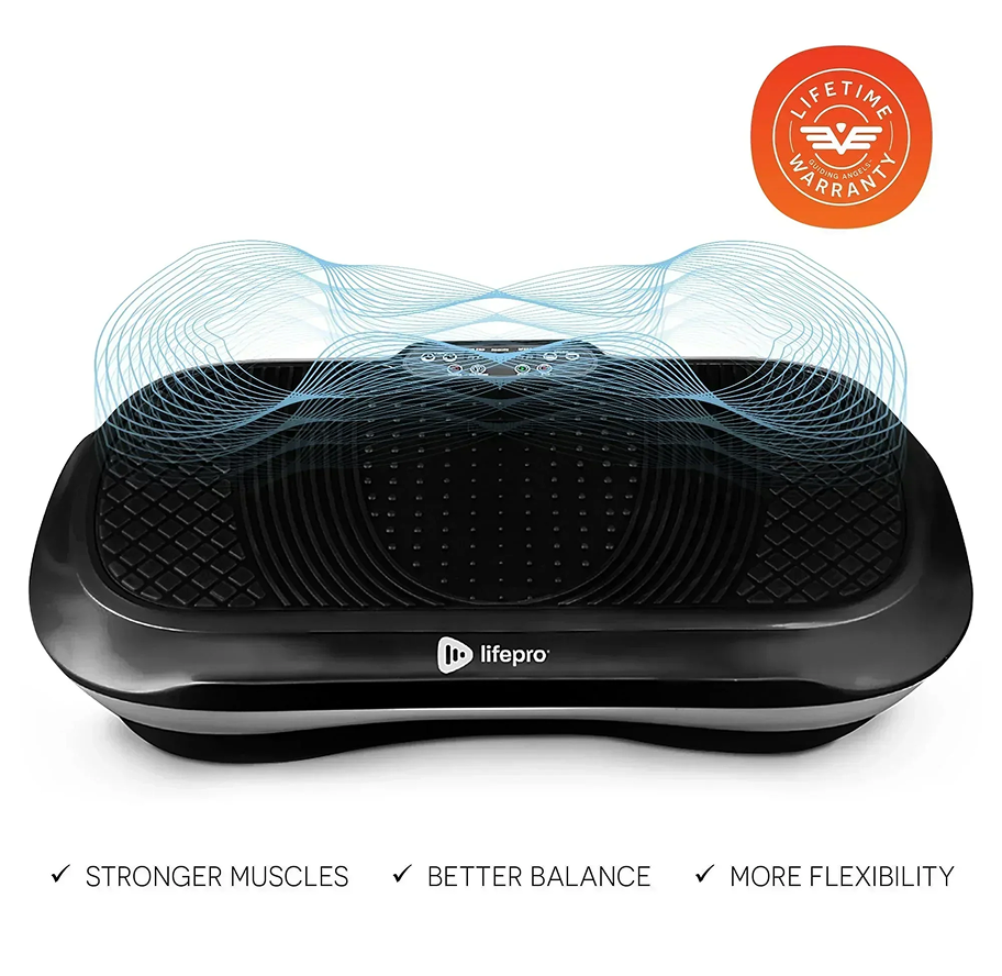 A black Lifepro vibration plate exercise machine with blue lines depicting its motion and a lifetime warranty seal.