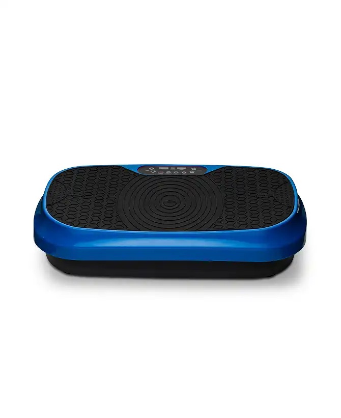 A blue and black vibration plate exercise machine on a white background.