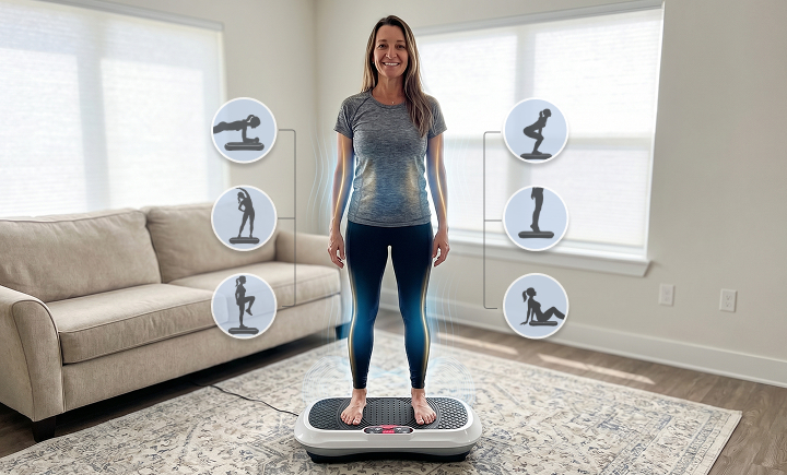 A woman stands on a vibrating exercise plate in a living room, with diagrams showing other exercise positions.