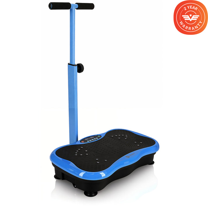 A blue vibration plate exercise machine with a stability handle on a white background.