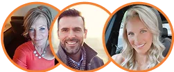 Three people smiling in round frames with orange borders.