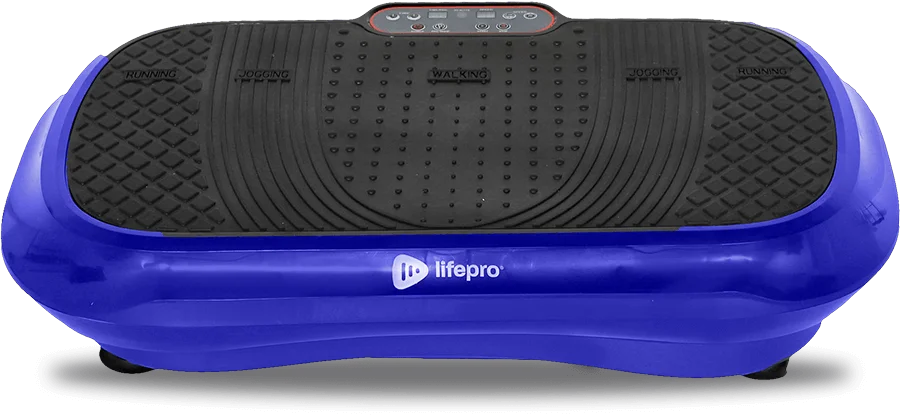 Blue vibration platform with control panel and textured black mat.