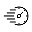 A black line icon of a clock with horizontal speed lines extending from its left side.