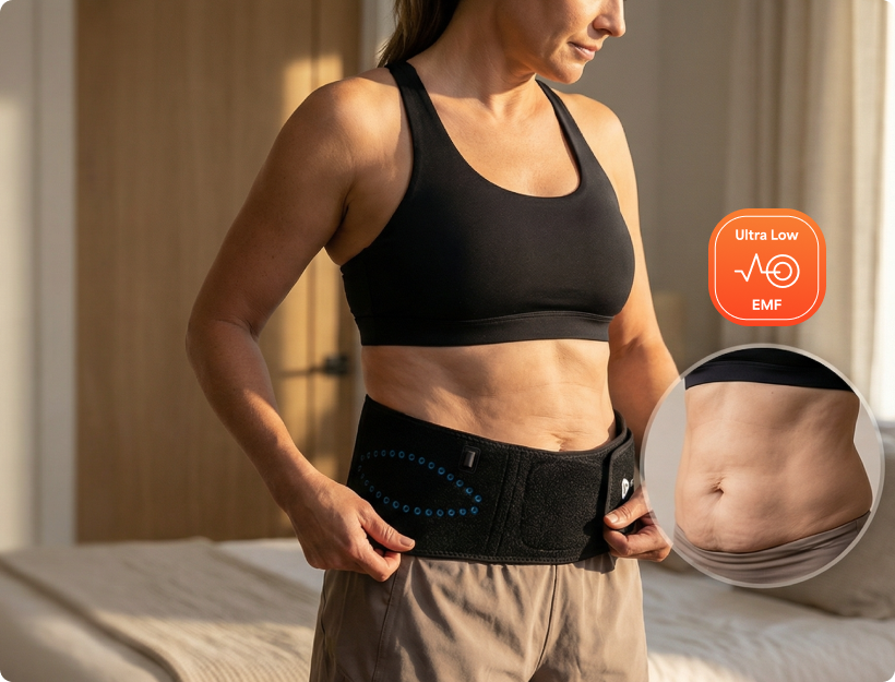 A woman in a sports bra adjusts a black, studded therapy belt around her waist.