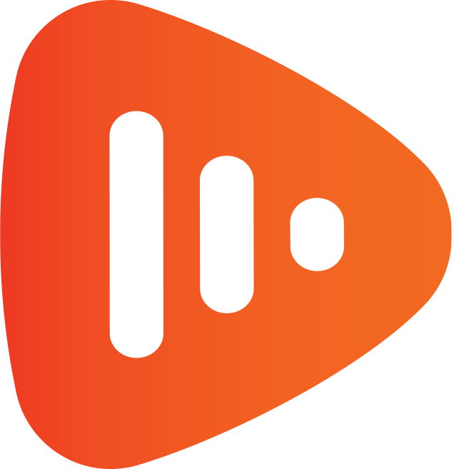 An orange gradient logo shaped like a play button with three black vertical bars of decreasing size.