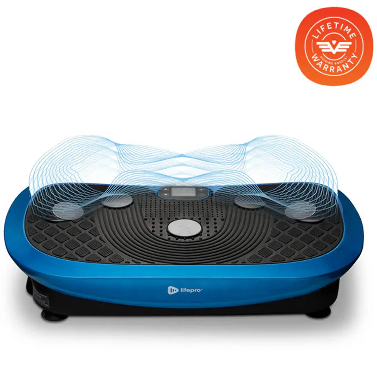 Blue vibration platform with digital display and lifetime warranty badge.