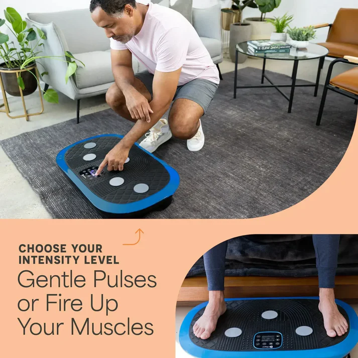 Man using a vibration plate indoors, with plants and furniture around.