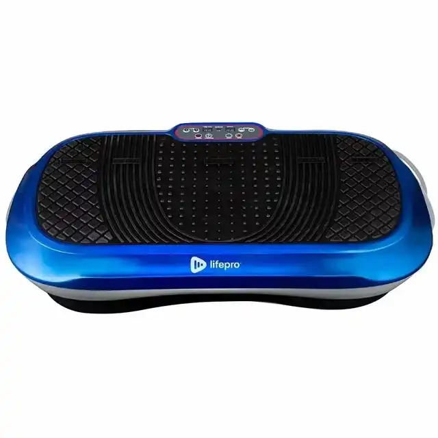 A blue and black Lifepro vibration plate exercise machine against a white background.